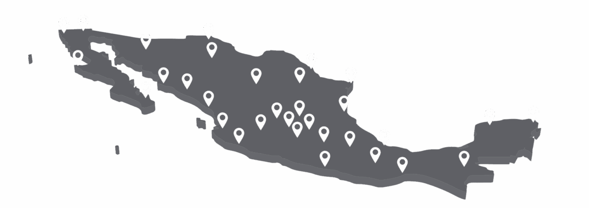 Mapa de México con puntos de rastreo satelital y monitoreo 24/7.