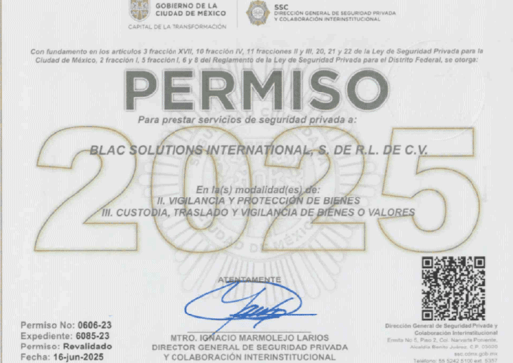 Permiso de seguridad privada para Blac Solutions con rastreo satelital y monitoreo 24/7.
