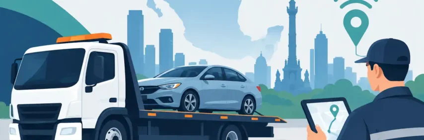 Servicios de rastreo y monitoreo vehicular Camión de remolque con vehículo en monitoreo satelital en ciudad.
